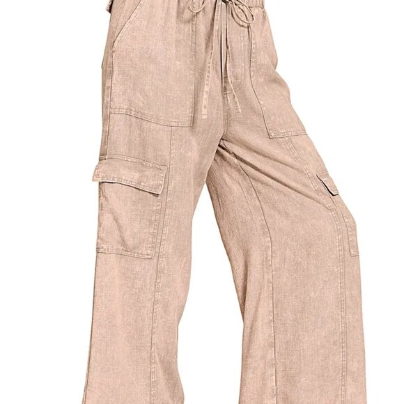 Zenana Washed Linen Elastic Band Waist Cargo Pants - Picture 4 of 4